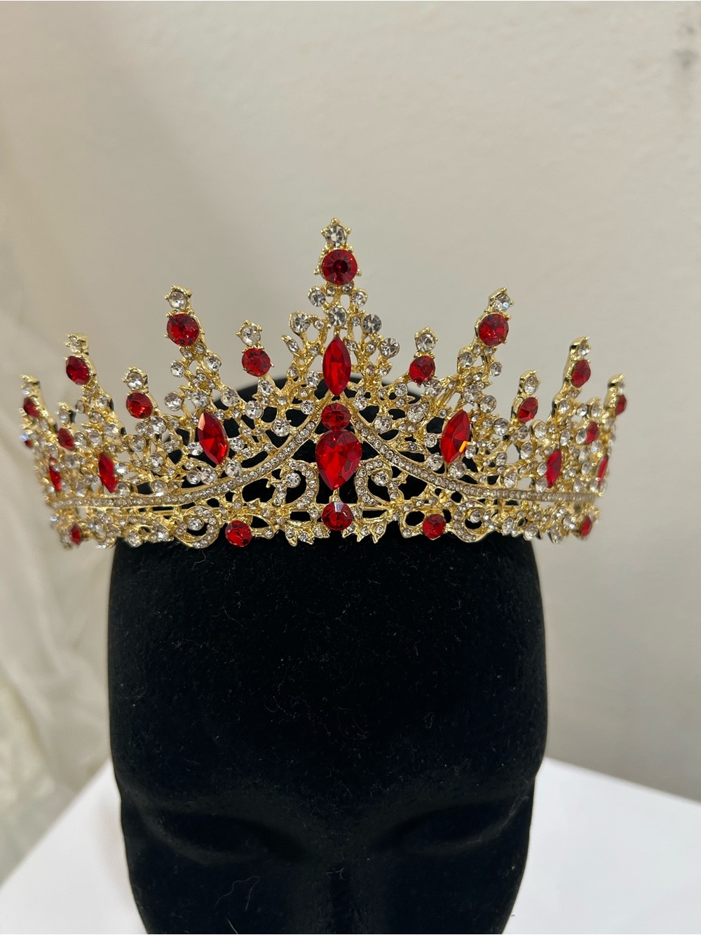 Tiara Crown Gold with Red and Clear Rhinestone Crystal Accents